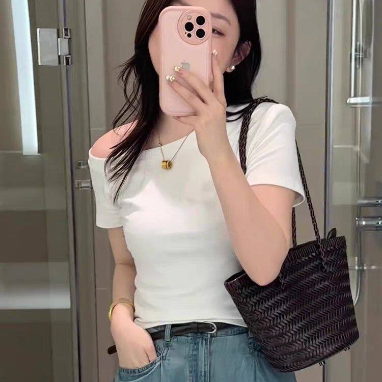 纯棉小个子白色斜肩短袖t恤女2026新款爆款夏季辣妹独特漂亮修身