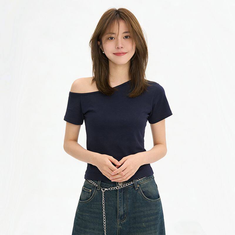2026夏季新款修身显瘦斜肩气质纯棉短袖女款露肩洋气百搭纯色T恤