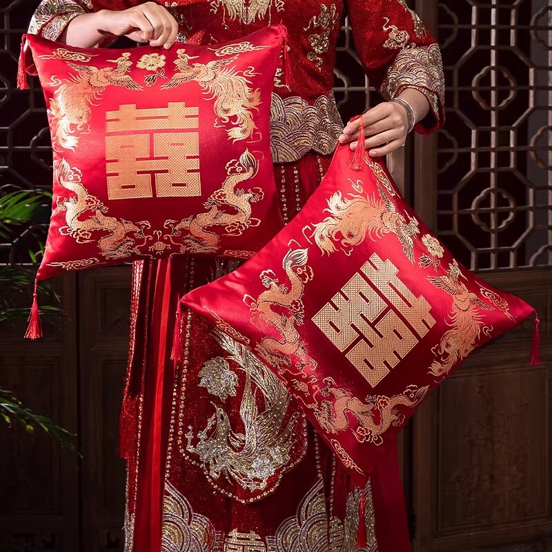 婚庆红色双喜十字绣抱枕一对