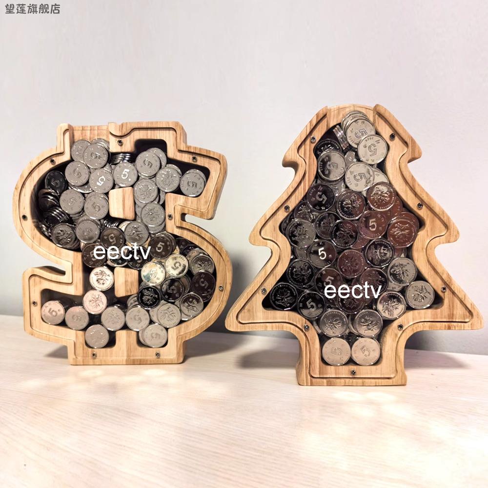 卡通造型木质存钱罐圣诞树存钱罐储钱罐摆件透明礼品圣诞节压岁钱