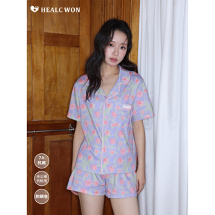 healcwon原创纯棉睡衣夏季 家居服ins风 紫色碎花清新抗菌短袖 短裤
