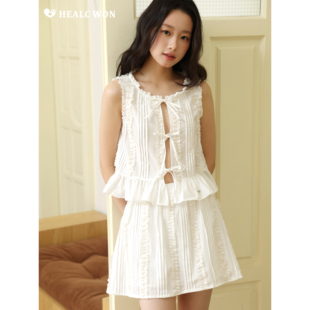 healcwon原创芭蕾少女ins风miu系韩系氧气感白色套装 上衣背心短裙