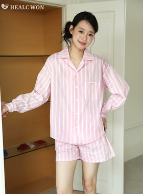 healcwon原创韩系少女清爽粉色衬衫套装防晒宽松上衣博主同款纯棉