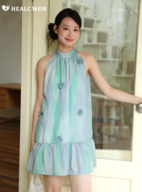 healcwon原创中式海滩度假风立体花朵显瘦挂脖连衣裙法式小个子