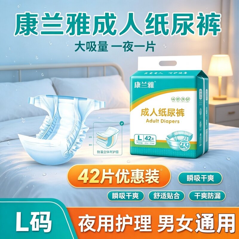 康兰雅环腰防漏成人纸尿裤L码老人男女产妇42片批发尿不湿干爽透