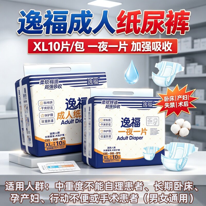 逸福XL防漏加厚成人纸尿裤卧床老人产妇瞬吸爽亲肤舒适大吸量整箱