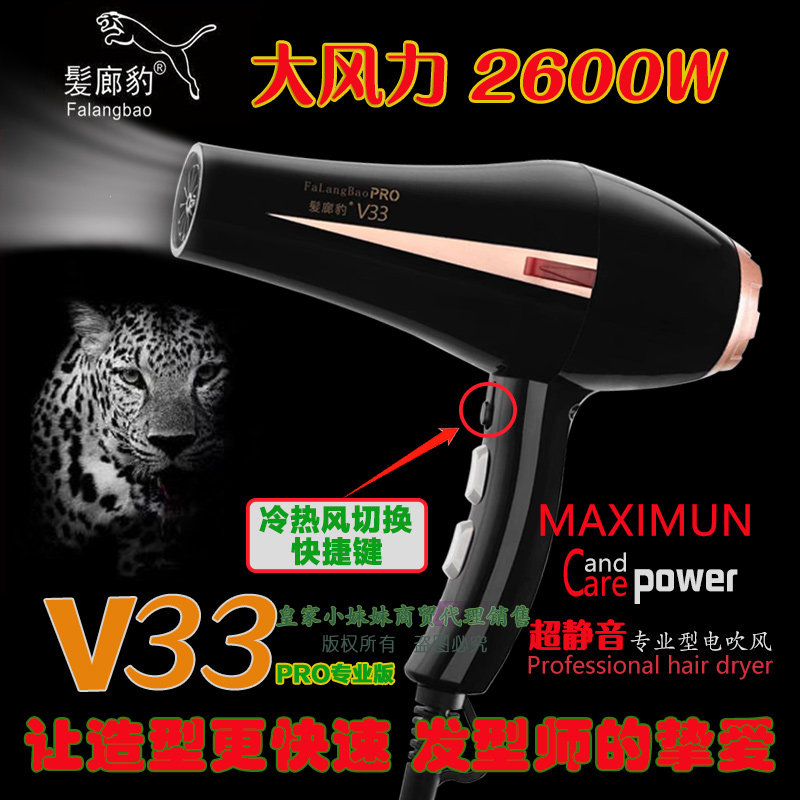 发廊用大风力高速家用吹风筒 2600W蓝光负离子 发廊豹V33吹风机