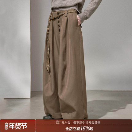 DIDDI MODA纽扣打褶休闲裤宽松直筒纯色垂感工装裤2025新款冬