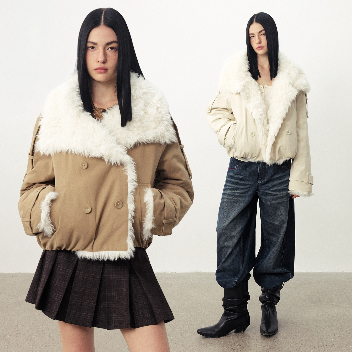 DIDDIMODA 大翻领毛毛领双排扣插肩袖短款夹克外套棉服2026新款女