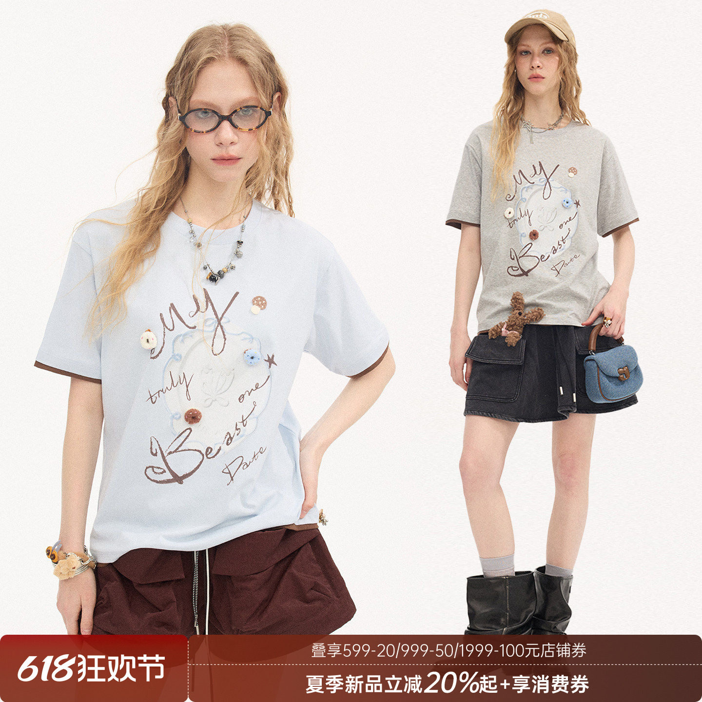 DIDDIMODA复古餐盘印花圆领套头浅灰色短袖T恤女夏2026新款