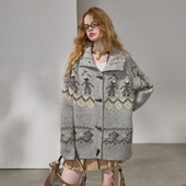 DIDDIMODA 顶毛球跳舞小人节日菲尔岛毛衣仿牛角扣针织开衫 外套