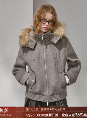 DIDDI MODA真毛领羊毛混纺连帽修身短款呢子毛呢夹克外套新款