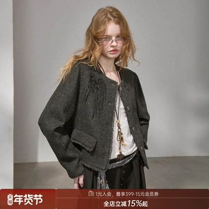 DIDDI MODA珠绣烟花小香风短款外套女松弛感百搭秋冬上衣2025新款