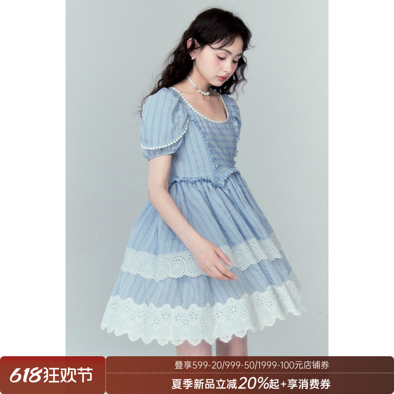 DIDDI 原创设计 假两件花瓣袖白色清纯连衣裙层次感花边公主裙
