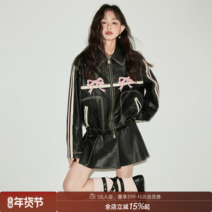 DIDDIMODA 原创设计 甜酷蝴蝶结复古擦色黑色皮衣女外套2023新款
