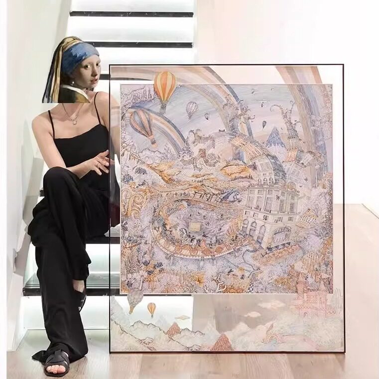 轻奢手工潮流丝巾亚克力挂画法式奶油玄关裱框装饰画高级感落地画