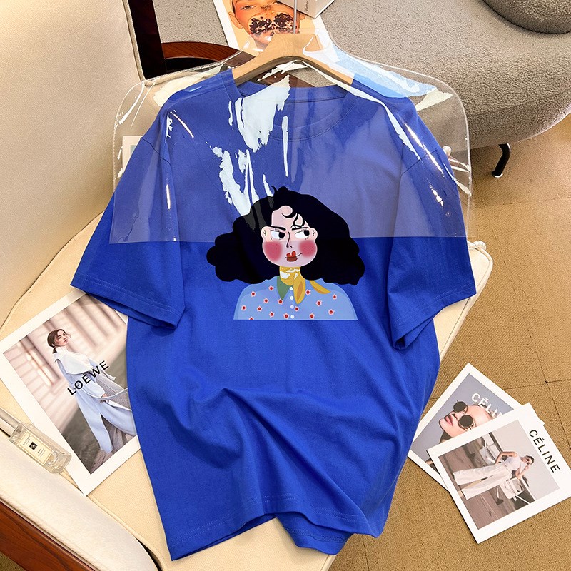 包领 克莱因蓝h卡通女孩印花短袖t恤女韩版宽松中长款休闲上衣