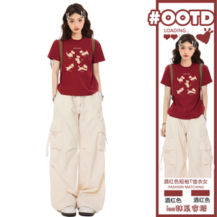 独特别致上衣 酒红色短袖 t恤女春夏2025新款 美式 甜辣jazz正肩修身