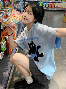 韩系奶蓝色正肩猫咪短袖 oversize甜辣小上衣ins t恤女夏季 2025新款