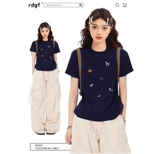 修身 美式 甜辣jazz薄款 上衣 短款 t恤女夏季 藏蓝色正肩短袖 2025新款