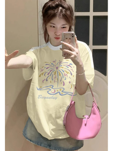 设计感小众甜辣小上衣 奶黄色正肩纯棉短袖 t恤女夏季 2025新款 爆款