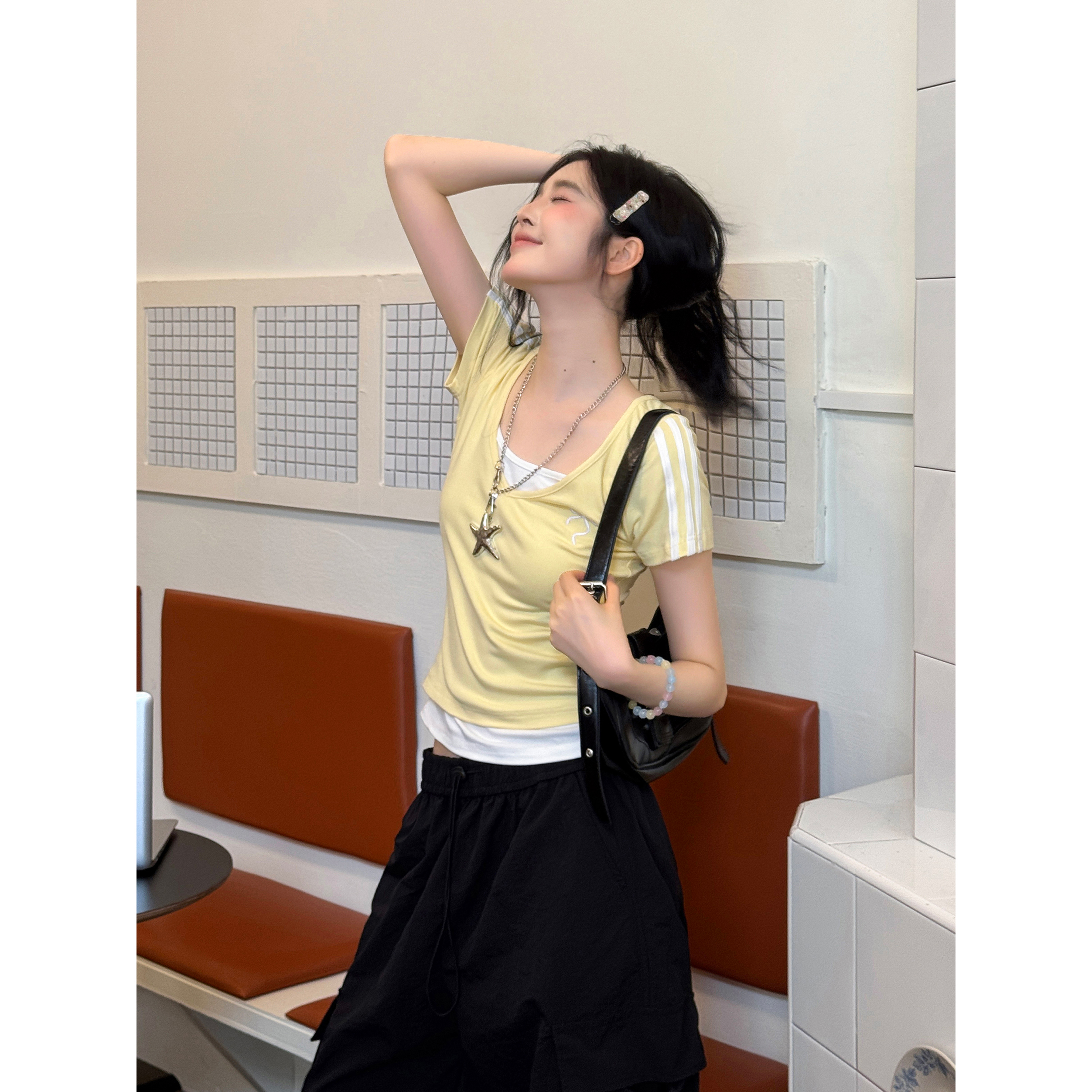 黄色正肩短袖t恤女夏季新款上衣
