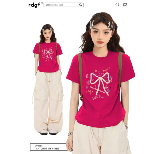 夏日ootd多巴胺短款 玫红色正肩短袖 甜辣修身 t恤女夏季 小上衣 美式