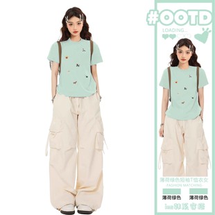 女t恤夏季 美式 薄荷绿色正肩短袖 2025新款 小上衣 甜辣jazz修身 短款