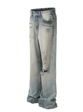 BOFK美式高街vibe水洗破洞蓝色牛仔裤宽松小众垂感直筒裤拖地裤子