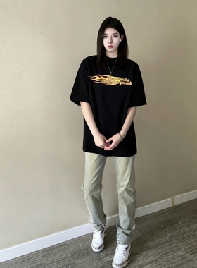 BOFK基础款做旧水洗黄泥染牛仔裤美式高街宽松直筒休闲长裤男女