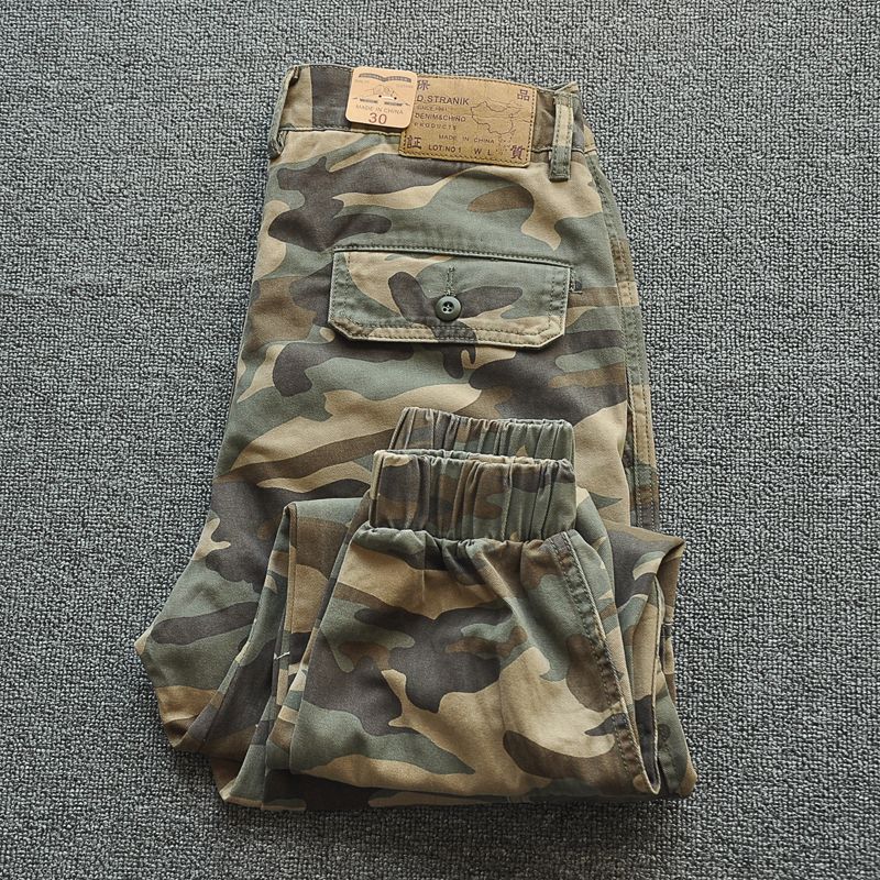 阿美咔叽美式复古工装水洗口袋休闲宽松小脚收口迷彩慢跑长裤