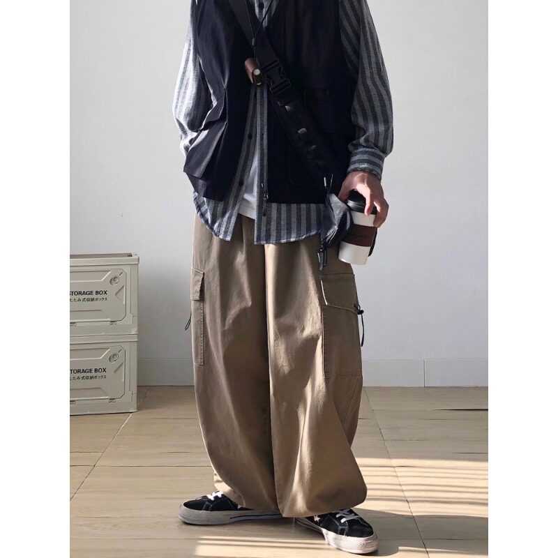 多口袋卡其色休闲束脚裤子日系阔腿宽松直筒工装裤潮牌男