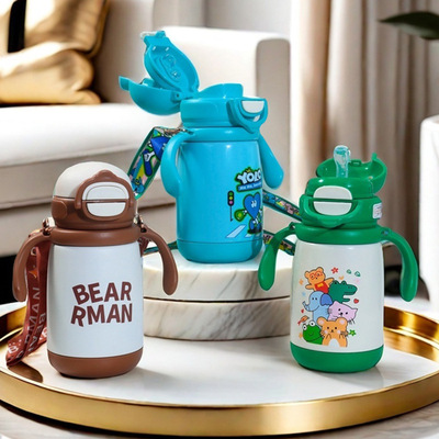 双用儿童学饮杯带吸管刻度保温杯316不锈钢保温水壶手柄水杯