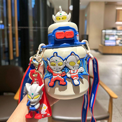 儿童保温杯奥特曼水杯学生上学专用双饮吸管杯子大容量男童幼儿园