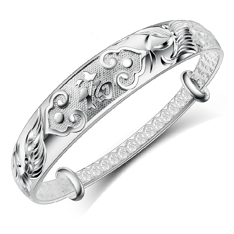 香港正生纯银民族推拉龙凤福 纯银S9999手镯男女 银手饰品 送老人