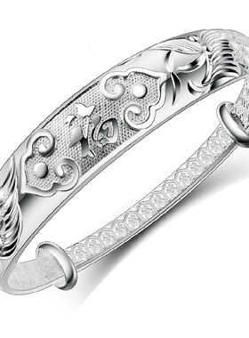 香港正生纯银民族推拉龙凤福 纯银S9999手镯男女 银手饰品 送老人