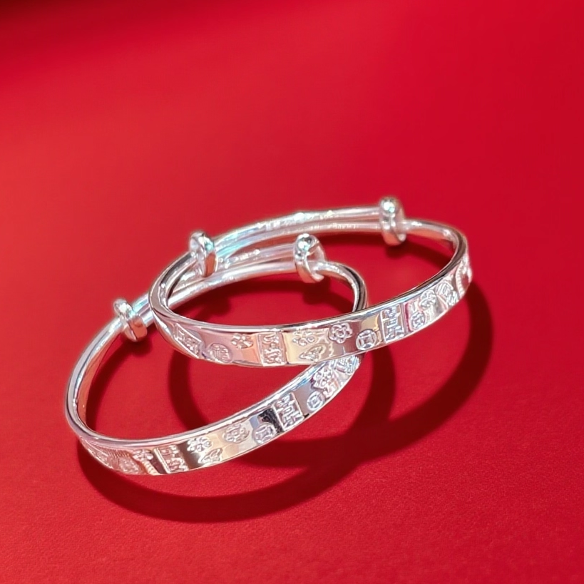 香港正生纯银9999足银宝宝手镯平安喜乐吉言宽面婴儿满月周岁送礼