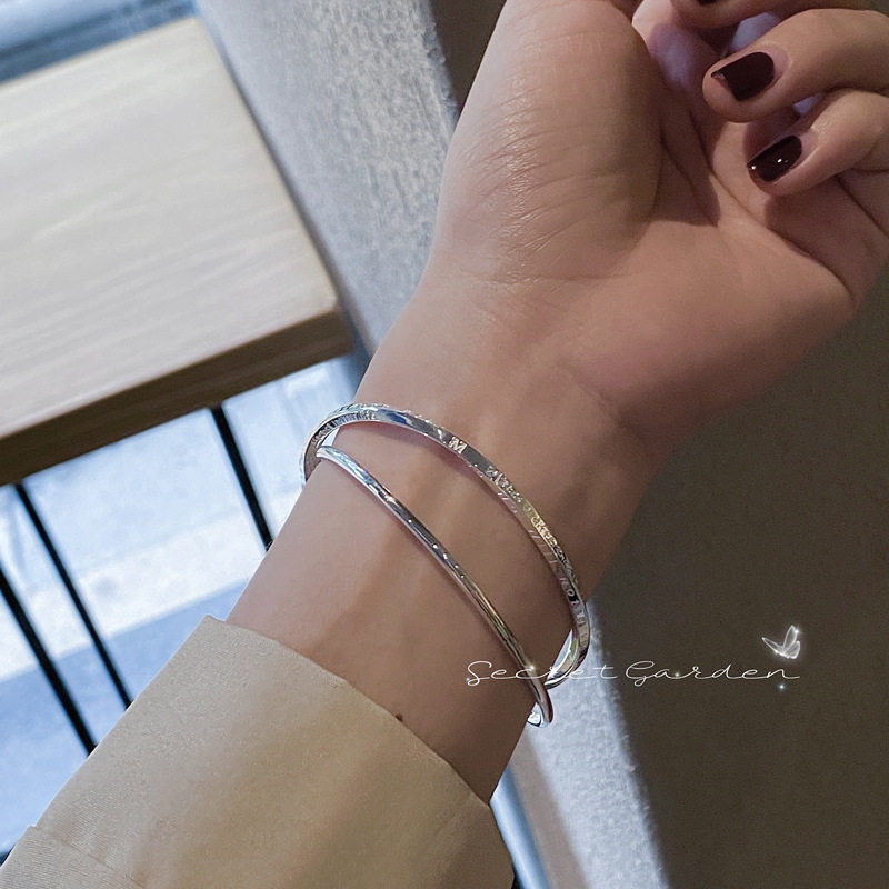 香港正生纯银足银9999双环闭口英文手镯民族风三生三世银镯子银饰