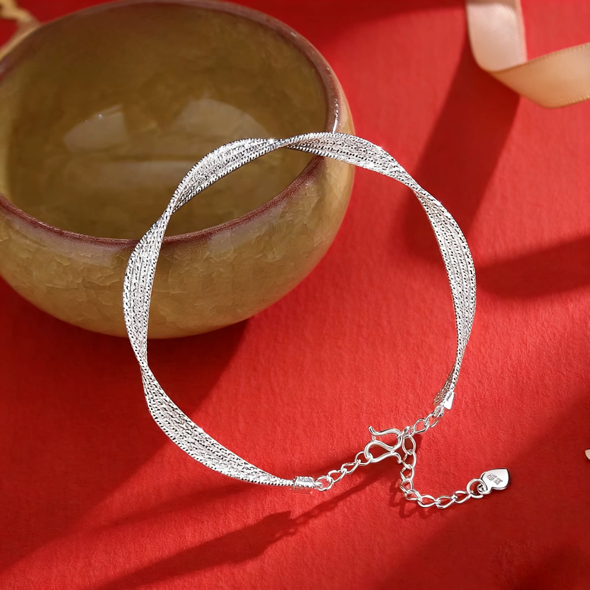 香港正生99足银莫比乌斯环手镯闪亮扭带编织银手链小众轻奢送女友