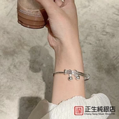 香港正生999纯银光面铃铛手镯足银实心推拉日韩百搭简约风年轻款