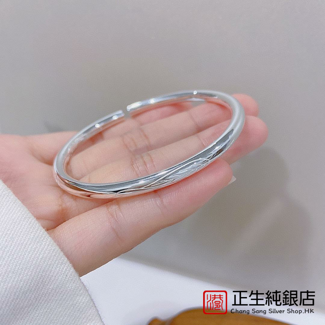 香港正生足银999树叶手镯简约百搭圆棍开口纯银镯子网红同款女生