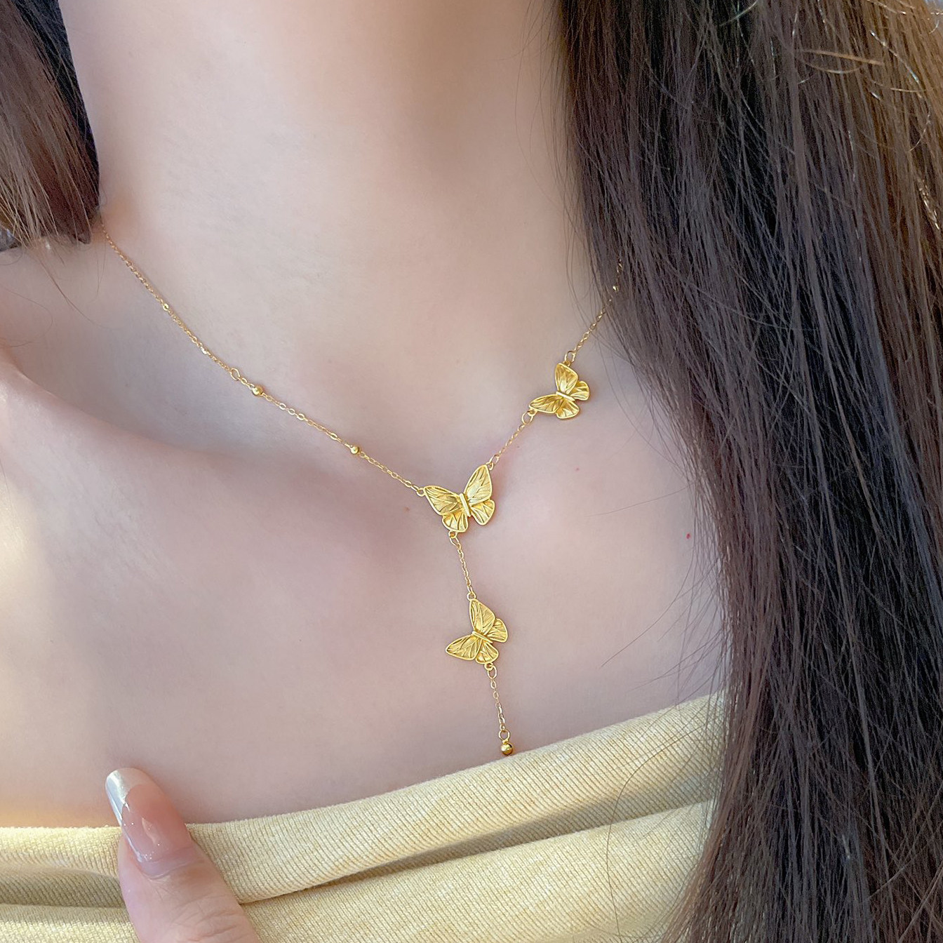 香港正生纯银蝴蝶项链黄金同款时尚小清新简约锁骨链送女友礼物