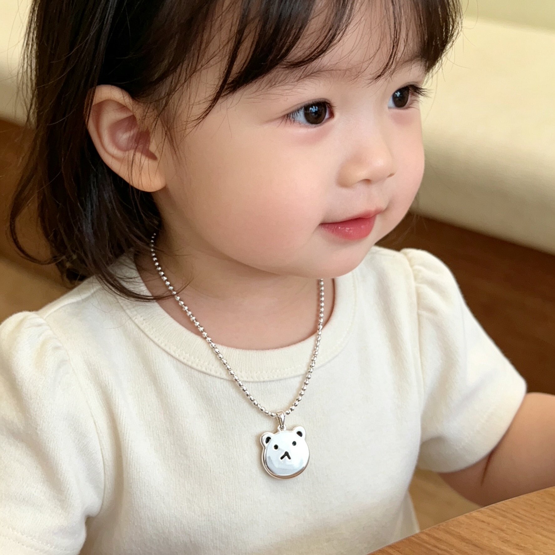 香港正生纯银佛珠小熊情侣亲子女儿童宝宝生日男项链刻字防丢项链