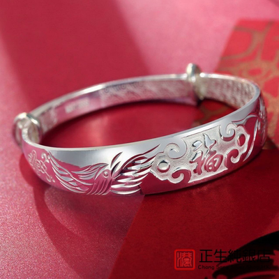 银手镯9999纯银女款送妈妈婆婆中老年人实心银饰手环推拉足银镯子