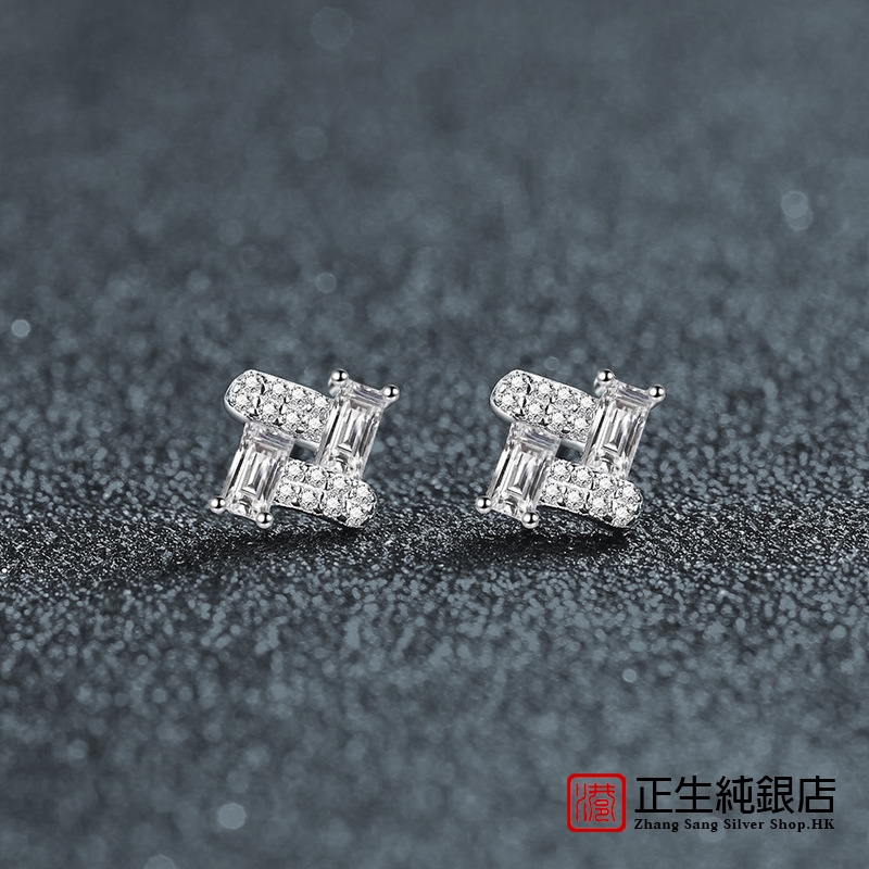 香港正生纯银S925纯银莫桑石耳钉女长方规则耳饰小众设计百搭耳环