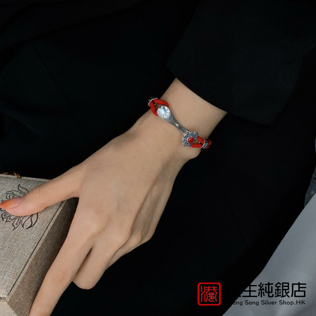 香港正生纯银吉祥如意红绳手链男女款复古情侣手工编织手绳首饰品