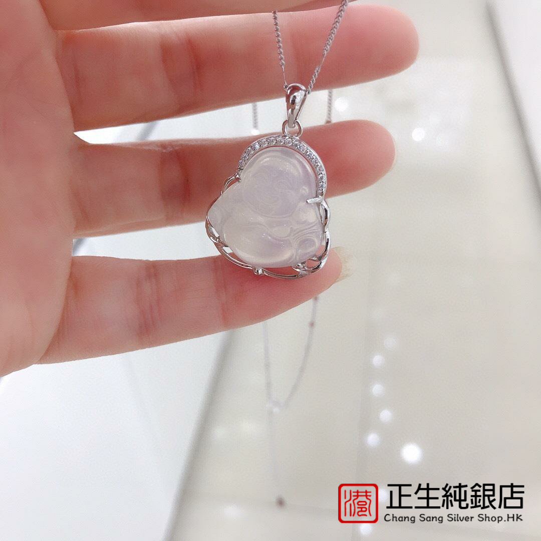 香港正生s925纯银白玉髓笑佛吊坠项链简约大气节日送闺蜜女友礼物
