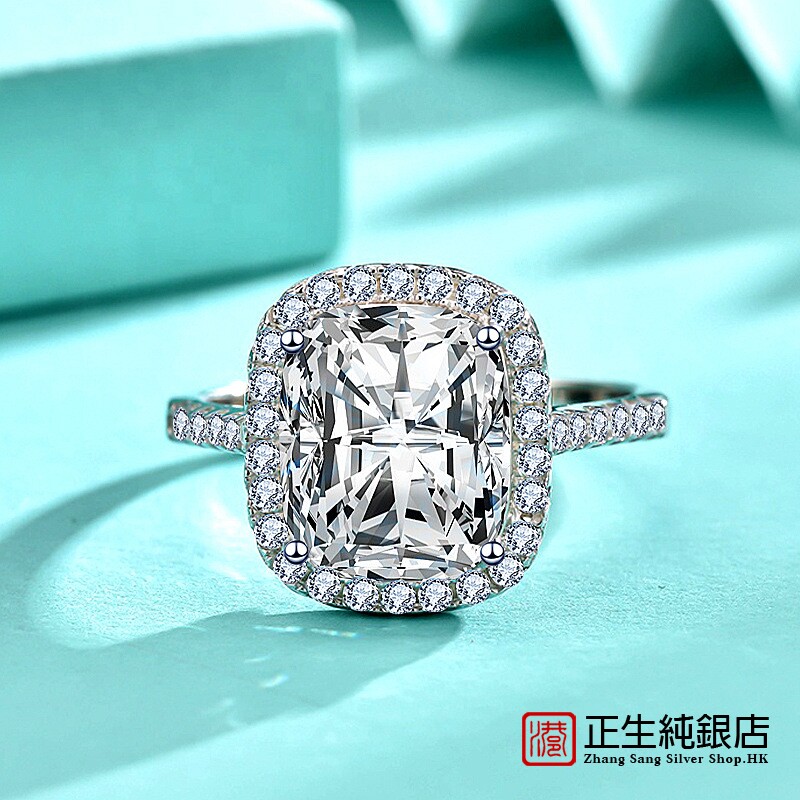 香港正生纯银925纯银戒指长方形嘻哈个性女戒镶嵌锆石钻戒指环饰