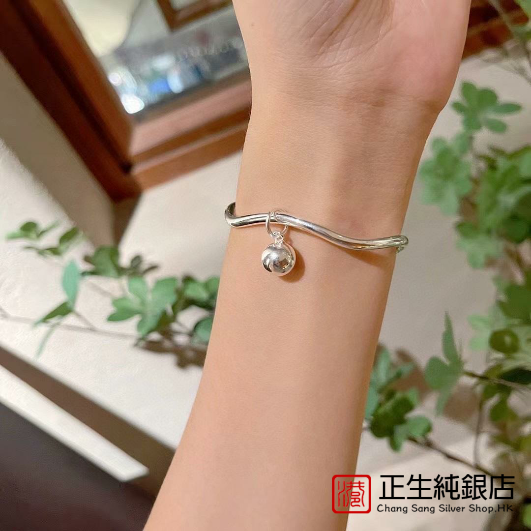 香港正生足银999波浪手镯时尚小清新不规则铃铛ins简约风纯银手环