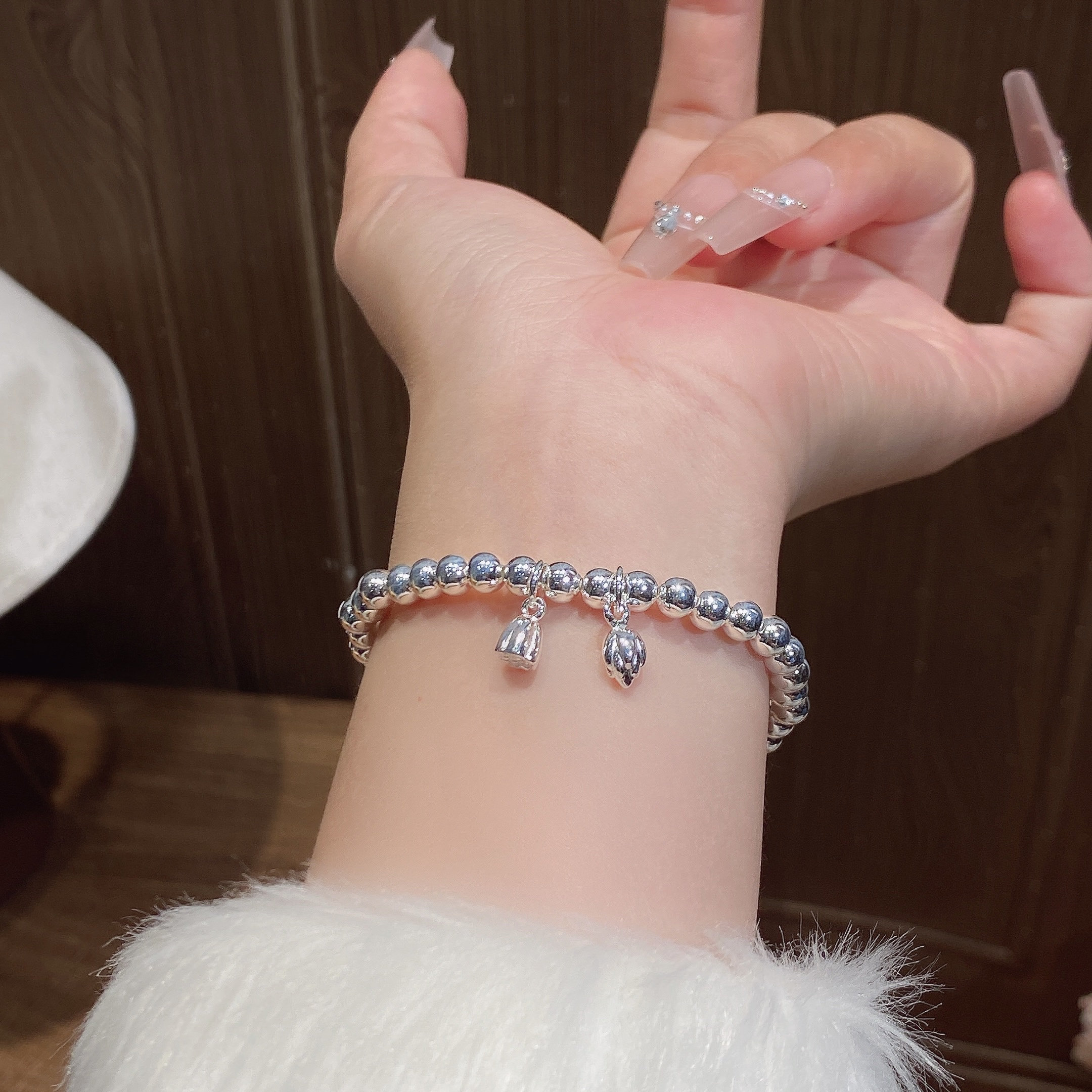 足银999纯银光珠两世欢手链女莲蓬莲子手串银珠情人节送女友礼物